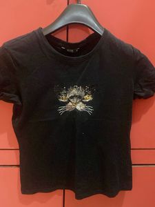Black T-Shirt with Embellished Cat Design