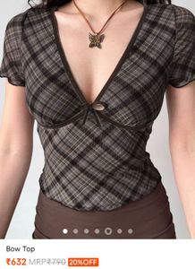 Plaid Bow Detail V-Neck Top