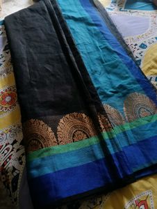 Elegant Black Saree with Blue & Green Border