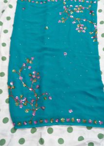 Beautiful Teal Saree with Floral Sequins