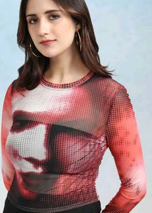Mesh Face Print Long Sleeve Top