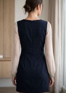 Chic Navy Dress with Sheer Sleeves