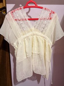 Cream Lace Trimmed Flutter Sleeve Top