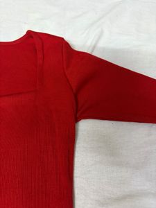 Red Ribbed Square Neck Full-Sleeve Top – Size L