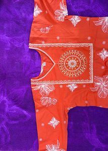 Orange Kurta Set with White Floral Print