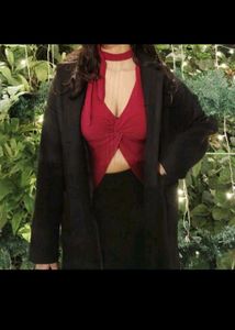 Chic Black Long Coat with Red Top Outfit