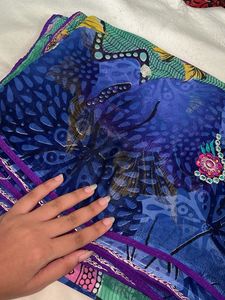 Vibrant Blue Floral Print Saree