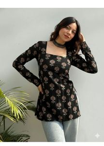 Beautiful Black Floral Print short Kurta