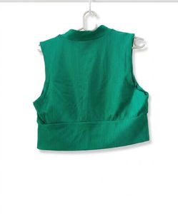 Green Ribbed Zip-Up Crop Top