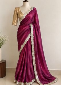Magenta organza saree with off shoulder blouse