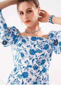 Chic Blue Floral Puff Sleeve Dress