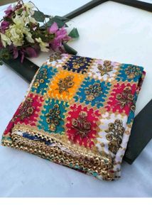 Vibrant Embroidered Sari with Golden Border