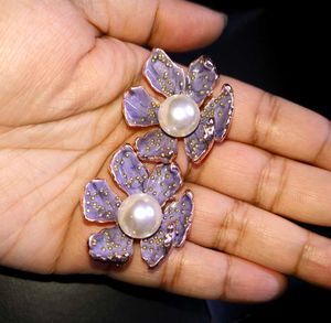 Lavender Colour Flower With An Pearl Earrings