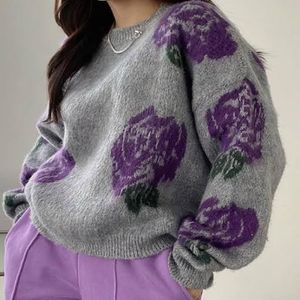 Grey &amp; Purple Floral Rose Print Jumper