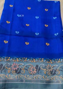 Vibrant Blue Saree with Floral Border