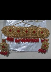 Gold Tone Necklace and Earring Set with Red Stones