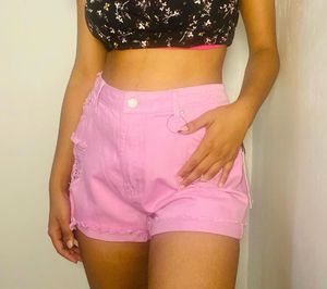 Pink Ripped Denim Shorts