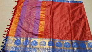 Elegant Red Silk Saree with Blue Border
