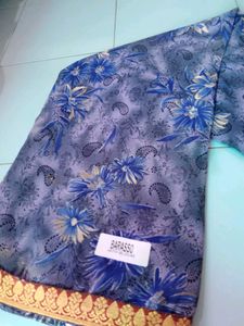 Blue Printed Saree With Unstitched Blouse