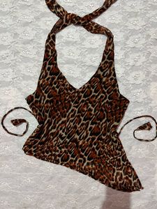 Leopard Print Halter Neck y2k asymmetrical Top