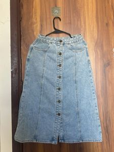 Light Wash Denim Button-Front Midi Skirt