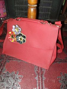 Chic Red Shoulder Bag with Flower Embellishments