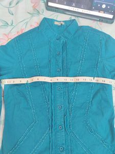 Teal Button-Up Shirt with Stitching Detail