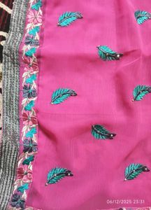 Beautiful Pink Saree with Leaf Embroidery