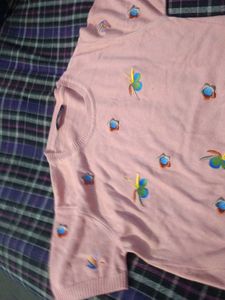 Pink Embroidered Short Sleeve Sweater