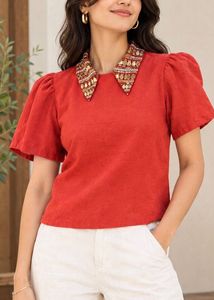 Red Puff Sleeve Top with Embellished Collar