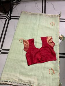 Light Green Saree with Red Blouse