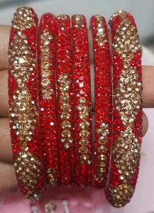 Red &amp; Golden Stone Work Crystal Bangles (Set of 6)