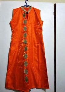 Women Orange Mirror Work Neck Embroidered Kurta
