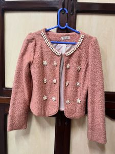 Chic Pearl Embellished Textured Coat