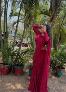 Beautiful Maroon Lace Saree without blouse