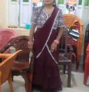Maroon Ruffled Saree with Embellished Blouse
