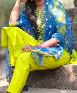 Vibrant Yellow &amp; Blue Indian Kurta Set