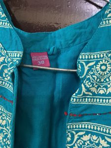 Ferozi blue jacketed kurta with beautiful print