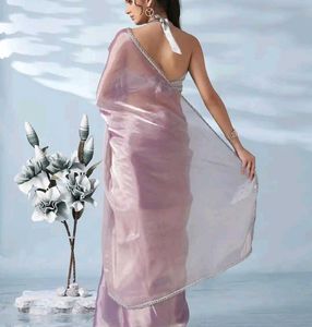 Elegant Sequinned satin Saree With Silver Border