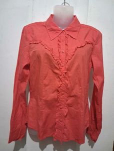Coral Ruffled Button-Up Shirt