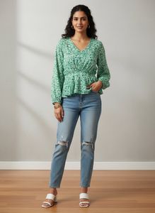 Green Floral Long Sleeve Top