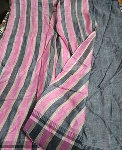 Pink &amp; Grey Striped Saree