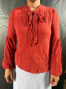 Rustic orange  Bell Sleeve Tie-Neck Top