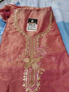 Embroidered fendi silk suit 4 side lace dupatta