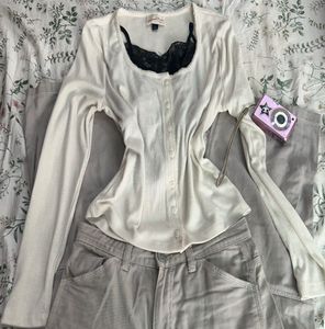 Cream Ribbed Button-Up Top