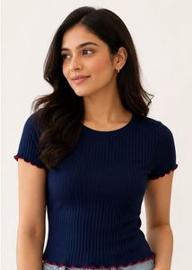 Navy Blue Ribbed Lettuce Trim Top