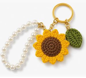 Crocheted Sunflower &amp; Pearl Keychain