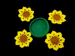 Crochet Sunflower Coaster With Basket.