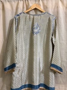Blue and white embroidered kurta