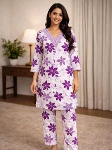 Floral Print Kurta Sets - Green &amp; Purple